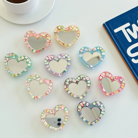 Heart Shaped Phone Grip With Mirror Korean Ins Style Glitter Resin Simulated Fruit Slices Universal Adhesive Griptok Stand