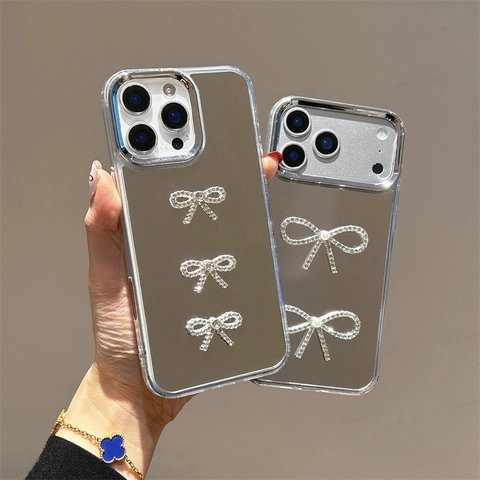Mirror Phone Case With 3D Rhinestone Bow And Crystal Artificial Pearl Wrist Strap Luxury Electroplated Protective Cover