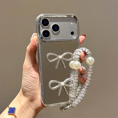 Mirror Phone Case With 3D Rhinestone Bow And Crystal Artificial Pearl Wrist Strap Luxury Electroplated Protective Cover