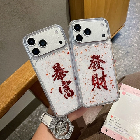 Funda iPhone TPU Transparente Con Lentejuelas Rojas Caracteres Chinos Get Rich Money Cubierta Protectora Festiva