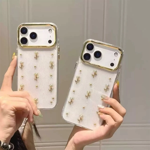 Luxus Handyhülle 3D Goldene Rose Schleife Elegant Glitzer Harz Schutz Kamera Rahmen Für Damen