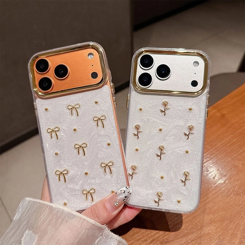 Luxus Handyhülle 3D Goldene Rose Schleife Elegant Glitzer Harz Schutz Kamera Rahmen Für Damen