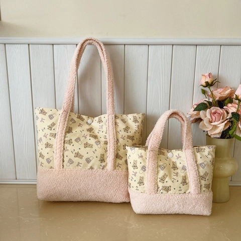 Borsa Tote In Tela Con Stampa Orso Per Bambini Con Bordo In Peluche Rosa Borsa A Mano Carina Per Ragazze Ragazzi