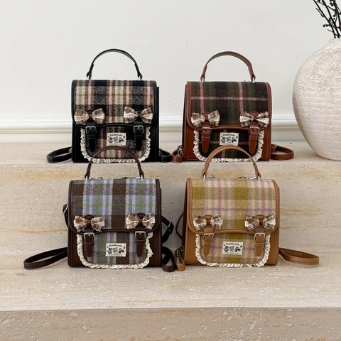 Zaino Bambini A Quadri Lana Pelle PU Pizzo Fiocco Stile Britannico Vintage Scuola Ragazze Ragazzi