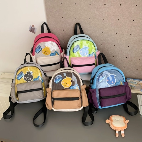 Kinder Mini Rucksack Nylon Colorblock Schultasche Transparentes PVC-Fenster Cartoon-Aufnäher Für Kindergarten Jungen Mädchen