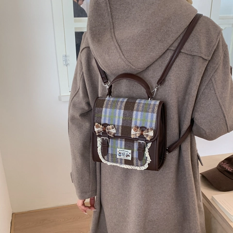 Zaino Bambini A Quadri Lana Pelle PU Pizzo Fiocco Stile Britannico Vintage Scuola Ragazze Ragazzi