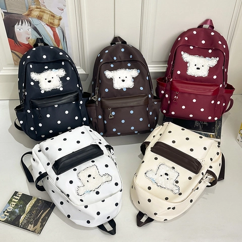 Kinder Rugzak Nylon Polka Dot Print Schooltas Met Schattige Pluchen Hond Patch Grote Capaciteit Ademend Voor Jongens Meisjes