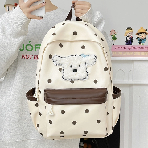 Kinder Rugzak Nylon Polka Dot Print Schooltas Met Schattige Pluchen Hond Patch Grote Capaciteit Ademend Voor Jongens Meisjes
