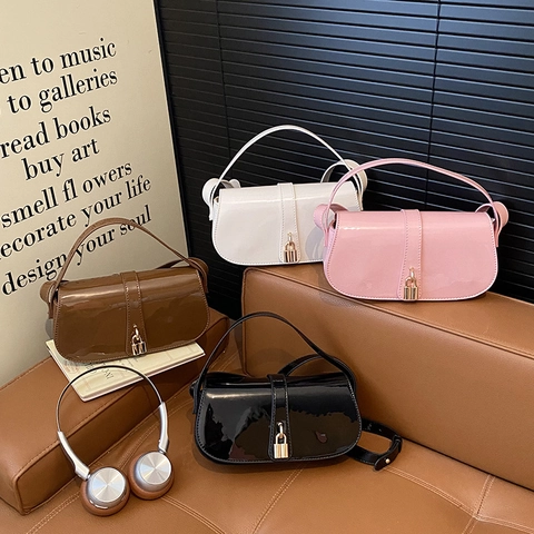 Bolso De Hombro Mujer Cuero Charol Brillante Hebilla Dorada Bolso De Axila Bolso De Mano Estilo Coreano Vintage Color Sólido