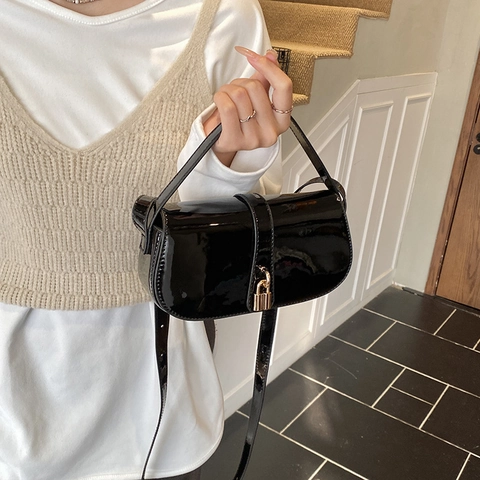 Bolso De Hombro Mujer Cuero Charol Brillante Hebilla Dorada Bolso De Axila Bolso De Mano Estilo Coreano Vintage Color Sólido