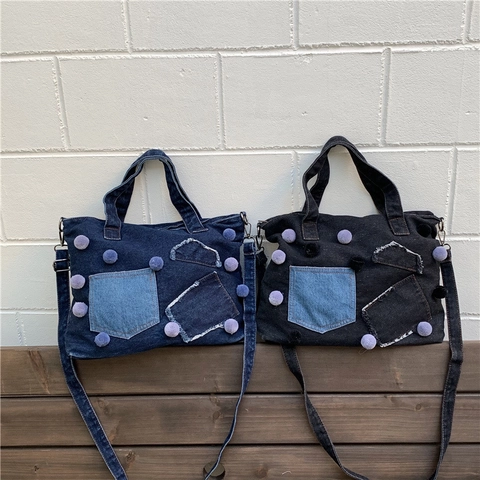 Dames Denim Tote Bag Patchwork Schoudertas Pom-Pom Decor Grote Capaciteit Verstelbare Riem Street Style