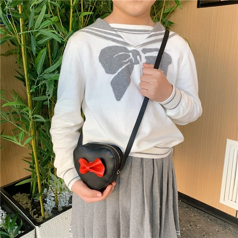 Kids Heart Shaped Crossbody Bag PU Leather Bowknot Decor Sweet Shoulder Purse For Little Girls Toddlers