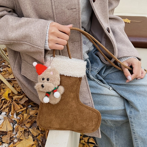 Schoudertas In Handschoen Laars Vorm Suède Lamswol Met Beer Hanger Kerstmis Winter Nieuwigheid Crossbody Tas
