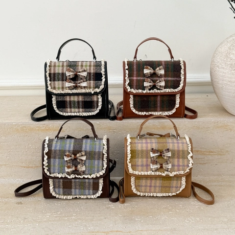 Kinder Mini Rugzak PU-Leer Ruitjes Vintage Preppy Schooltas Met Kant En Dubbele Strikken Voor Meisjes