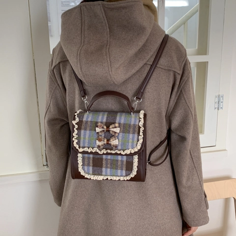 Kinder Mini Rugzak PU-Leer Ruitjes Vintage Preppy Schooltas Met Kant En Dubbele Strikken Voor Meisjes