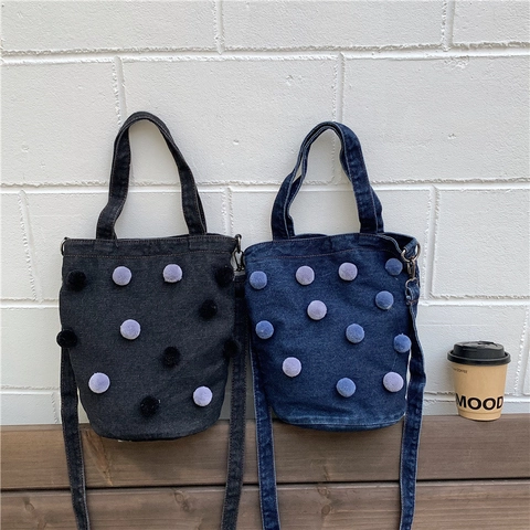 Neue Damen Denim Eimertasche Mit Bunten Plüsch-Pompons Verstellbarem Schultergurt Lässige Trendige Tasche