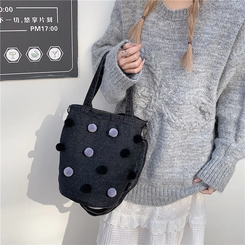 Neue Damen Denim Eimertasche Mit Bunten Plüsch-Pompons Verstellbarem Schultergurt Lässige Trendige Tasche