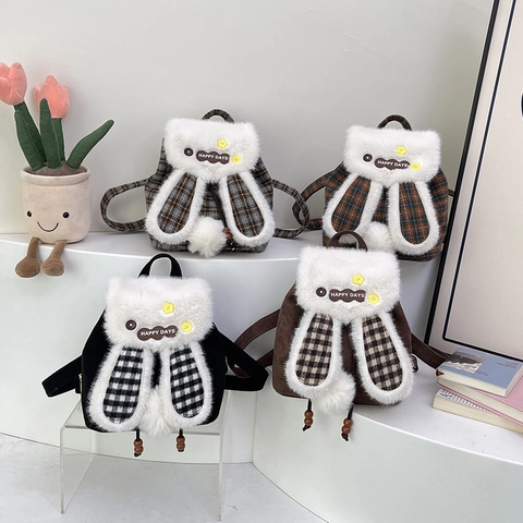 Cute Plush Bunny Backpack Faux Fur Rabbit Ears Plaid Pattern Drawstring Small Travel Rucksack For Girls Women
