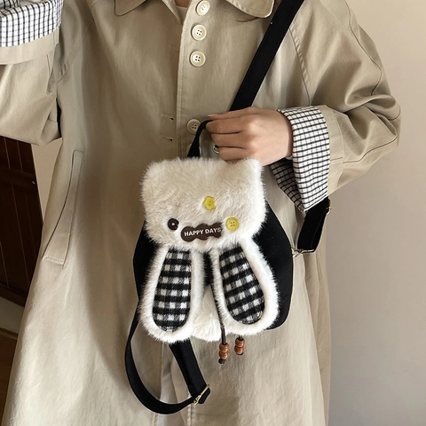 Cute Plush Bunny Backpack Faux Fur Rabbit Ears Plaid Pattern Drawstring Small Travel Rucksack For Girls Women