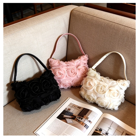 Bolso De Mano Con Flores De Rosas 3D Bolso De Hombro De Tela De Malla Para Fiesta De Noche Estilo Elegante Y Romántico Para Mujeres