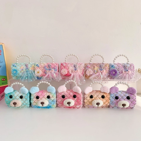 Kids Mini Plush Handbag Faux Fur Crossbody Bag With Artificial Pearl Handle Metal Chain Cute Bear Princess Design For Girls