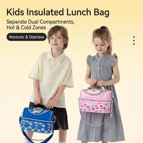 Kids Lunch Bag Insulated Double Layer Pu Thermal Bento Handbag Adjustable Shoulder Strap School Picnic Cartoon Print
