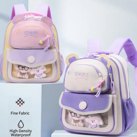 Zaino Bambini Cartone Animato Orecchie Orso Macaron Colore Contrasto Tessuto Oxford Impermeabile Traspirante Bambole Peluche