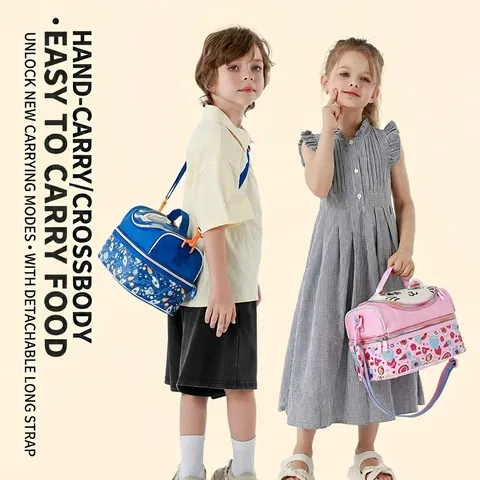 Kids Cartoon Insulated Lunch Bag Dual Layer Crossbody Portable Meal Box Storage Bag For Primary School Students Boys Girls