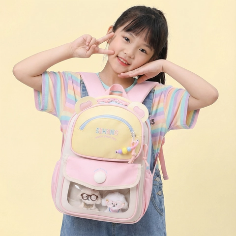 Zaino Bambini Cartone Animato Orecchie Orso Macaron Colore Contrasto Tessuto Oxford Impermeabile Traspirante Bambole Peluche