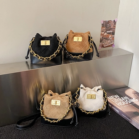 Kids Mini Bucket Crossbody Bag PU Leather Suede Diamond Quilted Gold Chain Strap Twist Lock Drawstring Fashion Handbag