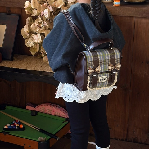 Kinder Rucksack Retro Karo PU Leder Und Wollstoff Mit Spitze Schleifen Für Schule Reise Kleinkinder Mädchen Jungen Mode