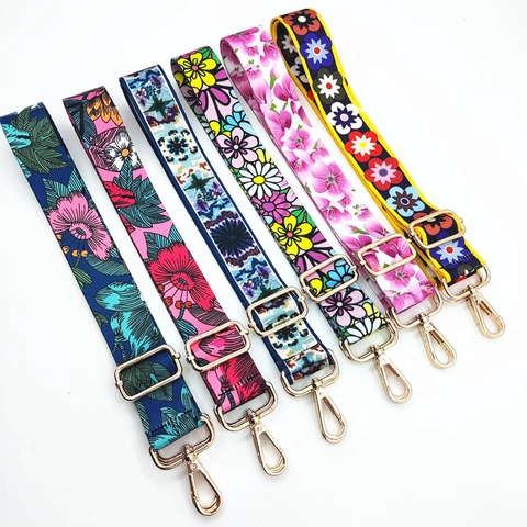 Floral Print Bag Shoulder Strap Adjustable Wide Replacement Polyester Crossbody Belt With Metal Hooks Bohemian Style