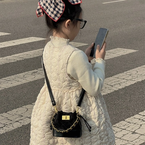 Kids Mini Bucket Crossbody Bag PU Leather Suede Diamond Quilted Gold Chain Strap Twist Lock Drawstring Fashion Handbag
