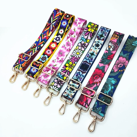 Adjustable Replacement Shoulder Strap For Handbags Wide Colorful Floral Pattern Polyester Bag Strap With Gold Metal Buckle
