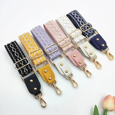 Adjustable Wide Shoulder Bag Strap Replacement Jacquard Embroidery Ethnic Geometric Pattern PU Leather End Metal Buckle Crossbody Purse