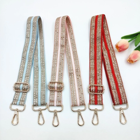Rhinestone Decorative Wide Bag Strap Adjustable Shoulder Replacement Ethnic Style Crossbody Handbag Accessory Alloy Hooks