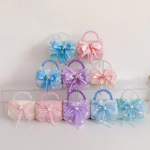 Bolso De Hombro Mini Para Niña Dulce Princesa Encaje Malla Lazo Grande Perla Artificial Estrella De Mar Decoración Asa De Cuentas Cadena Metal
