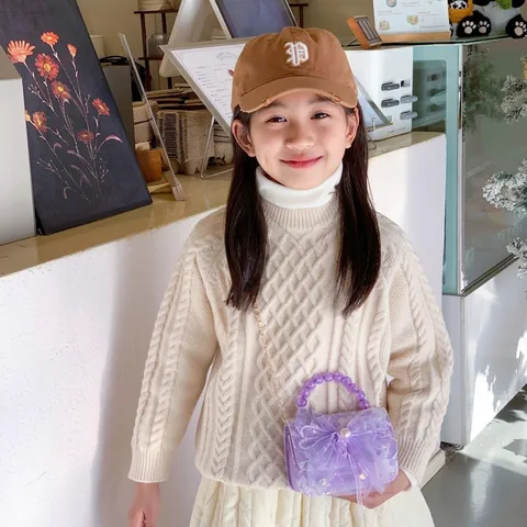 Cute Kids Princess Lace Bow Crossbody Bag For Girls Pearl Beaded Handle Sea Star Shell Decoration Sweet Small Handbag Shoulder Bag With Metal Chain