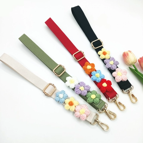 Adjustable Replacement Bag Strap With Handmade Crochet Flowers For Crossbody Shoulder Bag Floral Fabric Belt