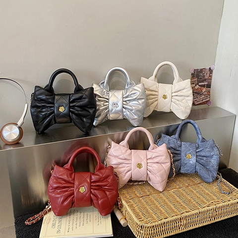 Girls Bow Shaped Crossbody Bag PU Leather Denim Quilted Diamond Pattern Chain Strap Cute Fashion Accessory
