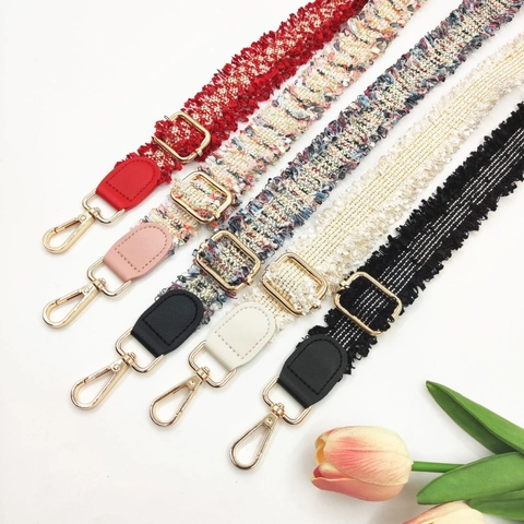 Elegant Tweed Style Bag Strap Adjustable Fringed Replacement Shoulder Strap For Crossbody Bags With Leather Connectors