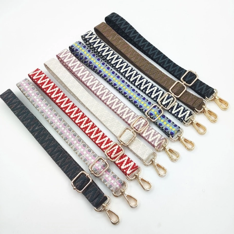 Woven Bag Strap Wide Adjustable Replacement Shoulder Strap Jacquard Ethnic Geometric Pattern Metal Buckle For Handbags