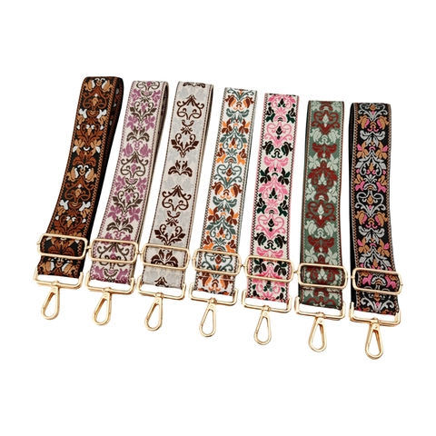 Wide Bag Strap Replacement Ethnic Style Jacquard Floral Adjustable Shoulder Strap For Handbags With Metal Buckle