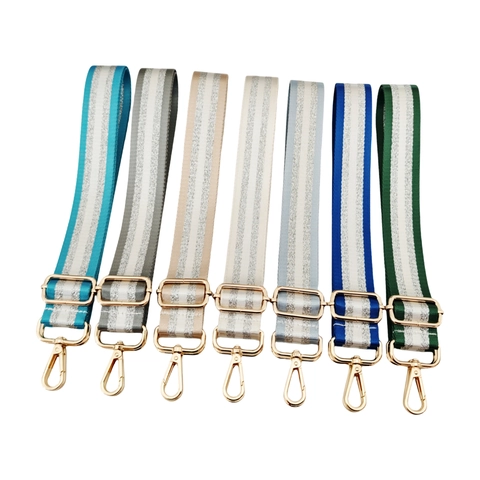 Adjustable Wide Bag Strap Polyester Webbing With Metallic Silver Thread Stripe Replacement Shoulder Crossbody Belt For Handbags