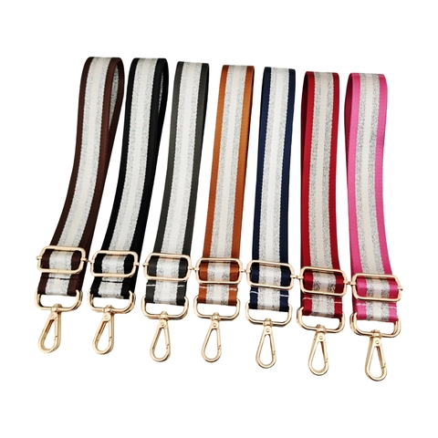 Adjustable Wide Bag Strap Polyester Webbing With Metallic Silver Thread Stripe Replacement Shoulder Crossbody Belt For Handbags