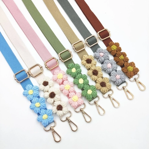 Adjustable Bag Strap Replacement Wide Polyester Webbing Hand Crochet Floral Decoration Sweet Pastoral Style For Handbags