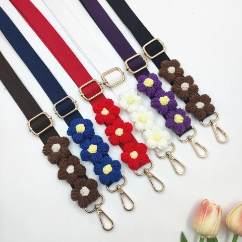 Bohemian Hand Woven Crochet Flower Adjustable Bag Strap Polyester Wide Shoulder Crossbody Strap For Handbags Women Accessories