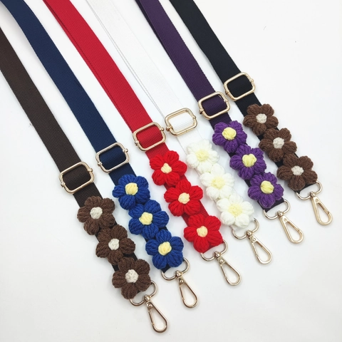 Adjustable Bag Strap Replacement Wide Polyester Webbing Hand Crochet Floral Decoration Sweet Pastoral Style For Handbags