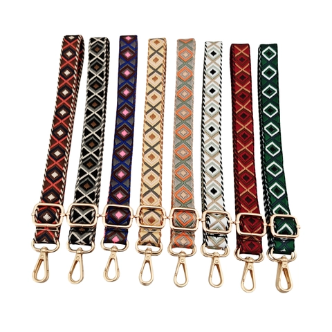 Adjustable Bag Strap Wide Crossbody Shoulder Belt Ethnic Geometric Diamond Jacquard Polyester Webbing With Swivel Clasps