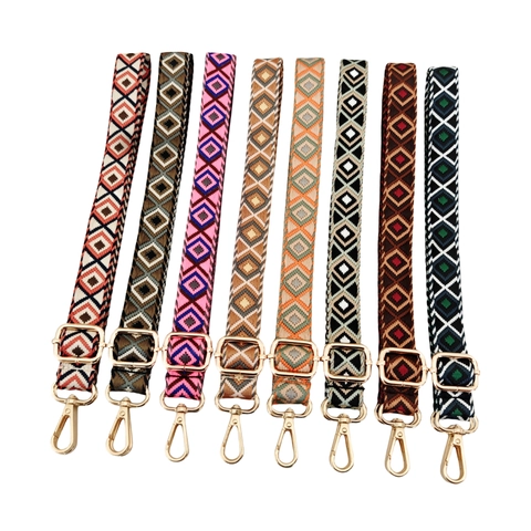 Adjustable Bag Strap Wide Crossbody Shoulder Belt Ethnic Geometric Diamond Jacquard Polyester Webbing With Swivel Clasps